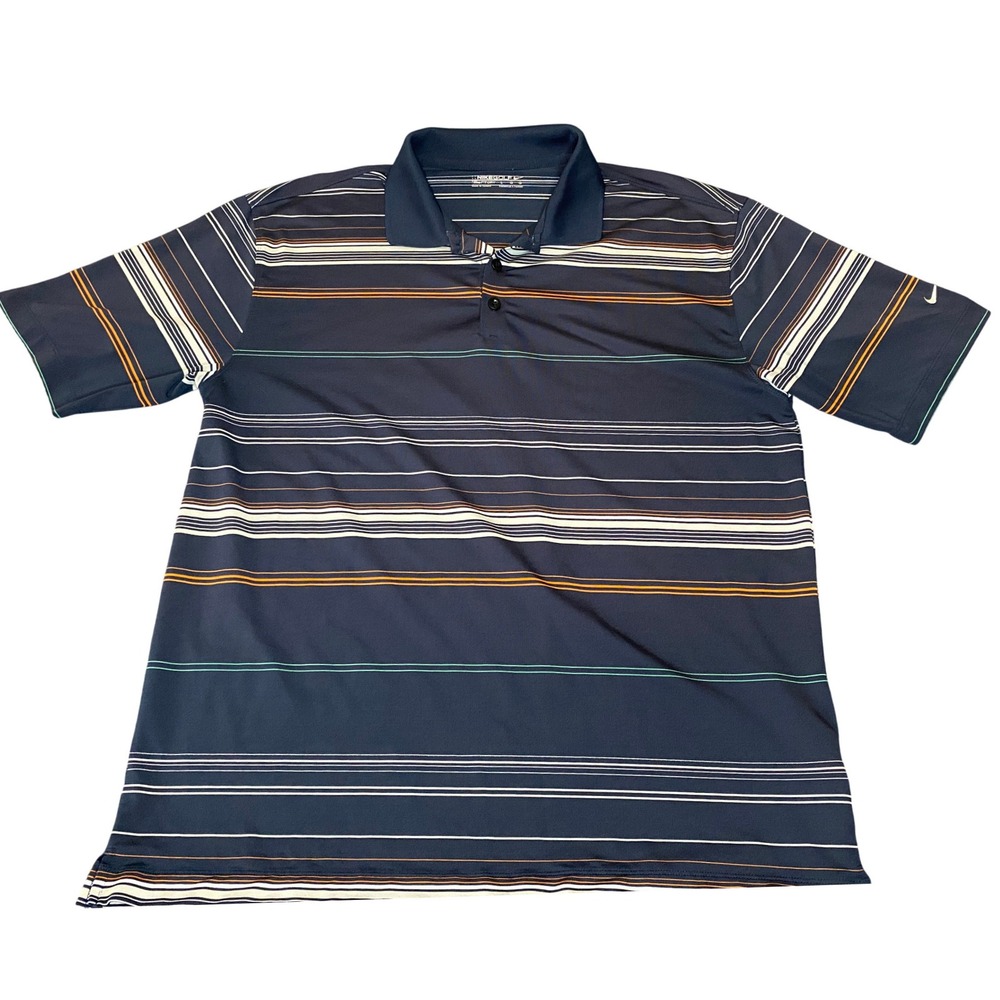 Nike Golf Fit Dry Polo Shirt Mens Large Navy Blue Striped Short Sleeve